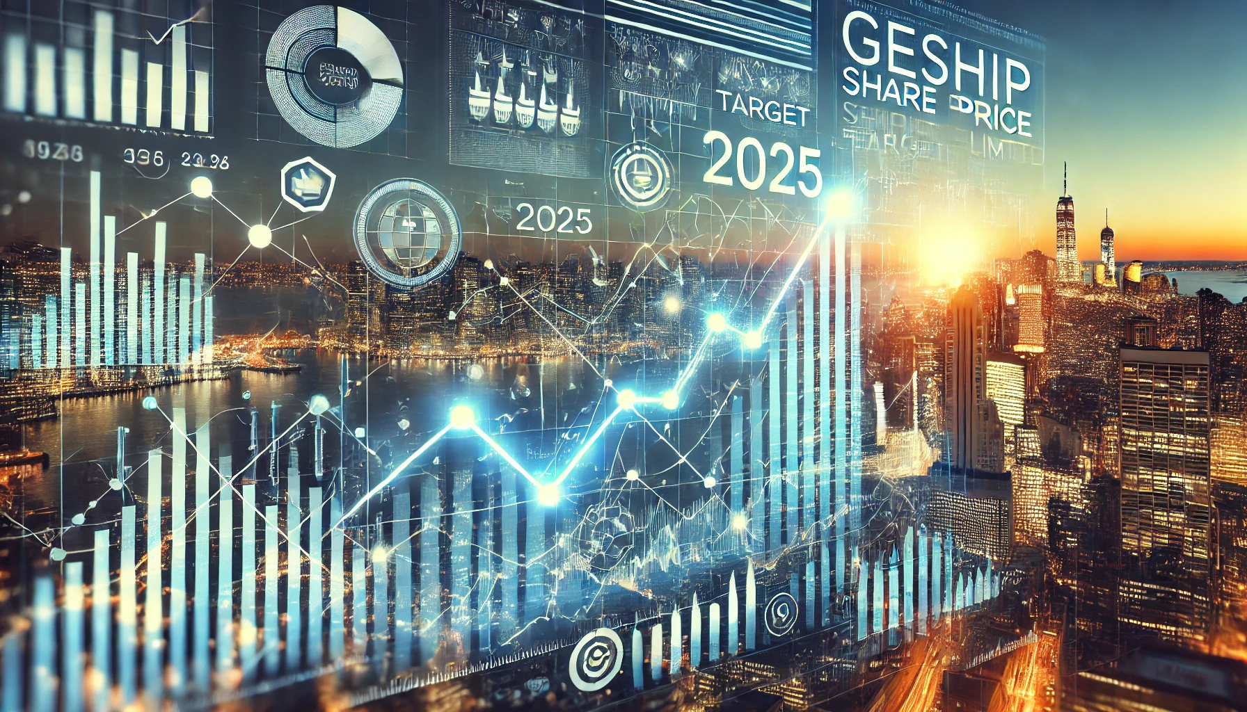 Modern design showing Geship Share Price Target 2025 with bold text over a graph and digital financial indicators.