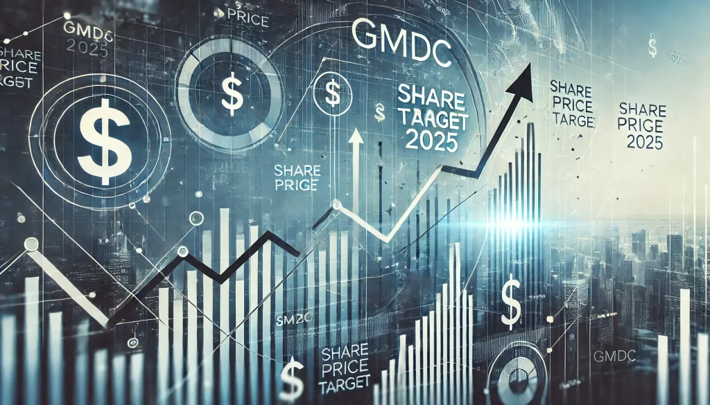 Illustration of a professional financial chart showing an upward trend for Gmdc Share Price Target 2025, with clear labeling at the top, set against a modern grey and blue corporate background.