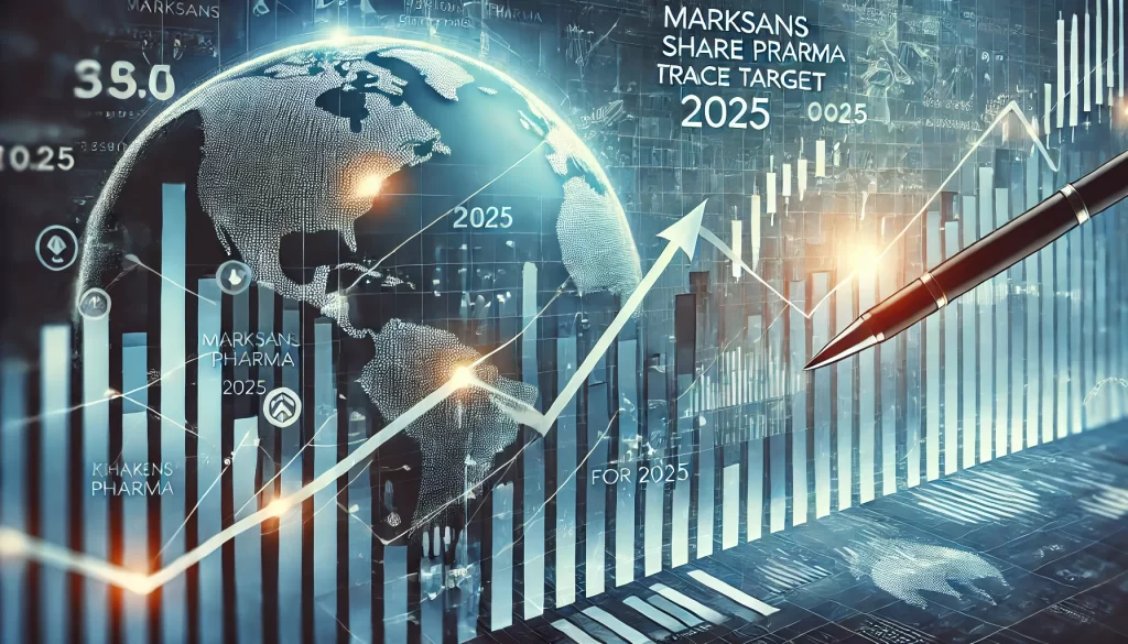 A financial analysis chart illustrating the projected upward trend for Marksans Pharma Share Price Target 2025, with detailed stock lines and growth indicators on a minimalist corporate blue background.